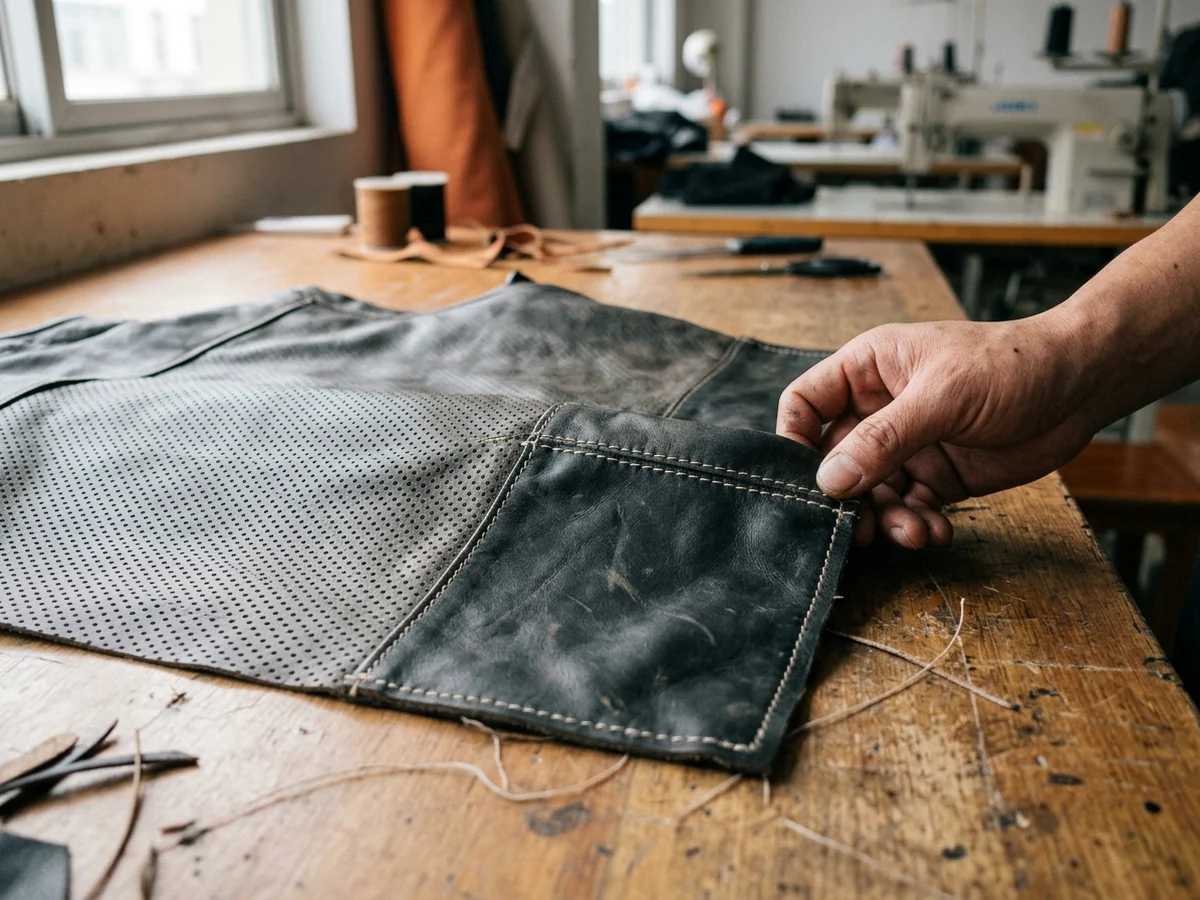Perforated cowhide chest panel of a leather motorcycle jacket, perforation stopping at the pocket seam