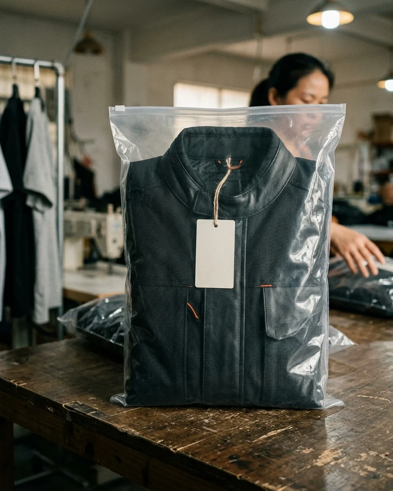 Private label jacket folded in its bag with the hangtag visible