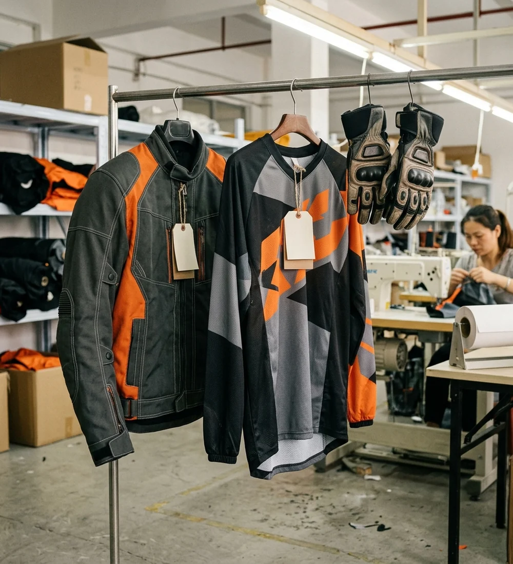 Three private label SKUs, jacket, jersey and gloves, on a sample rail with the brand's hangtags