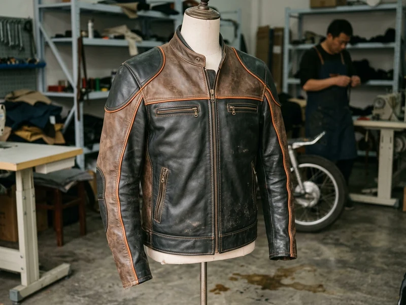 Front view of a custom leather motorcycle jacket on a mannequin
