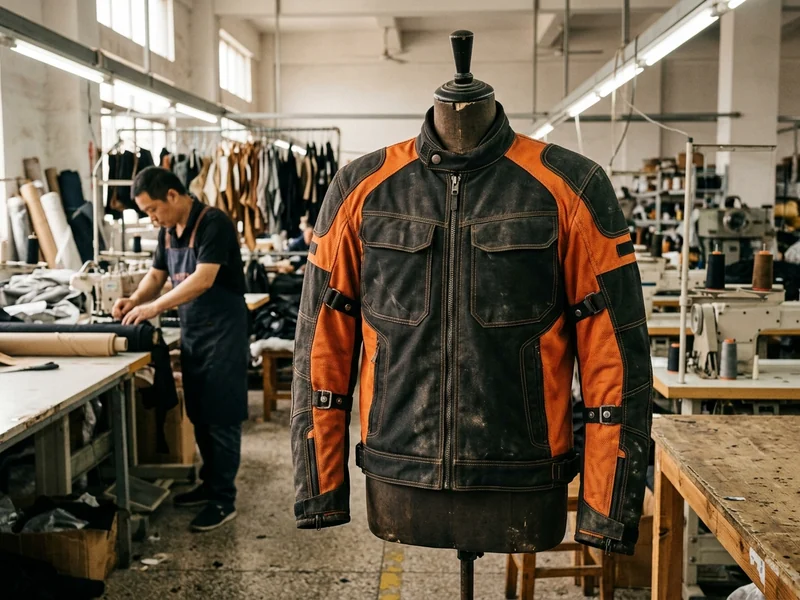 Front view of a custom textile motorcycle jacket on a mannequin