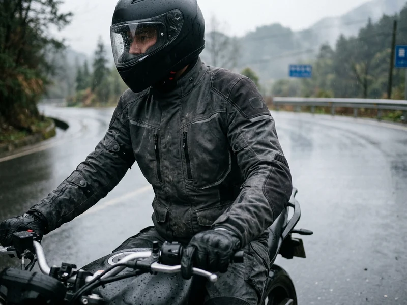 Rider in a waterproof motorcycle jacket on a wet road