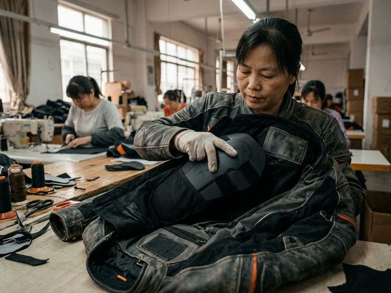 Mid-line inspector fitting armor into every pocket of a jacket