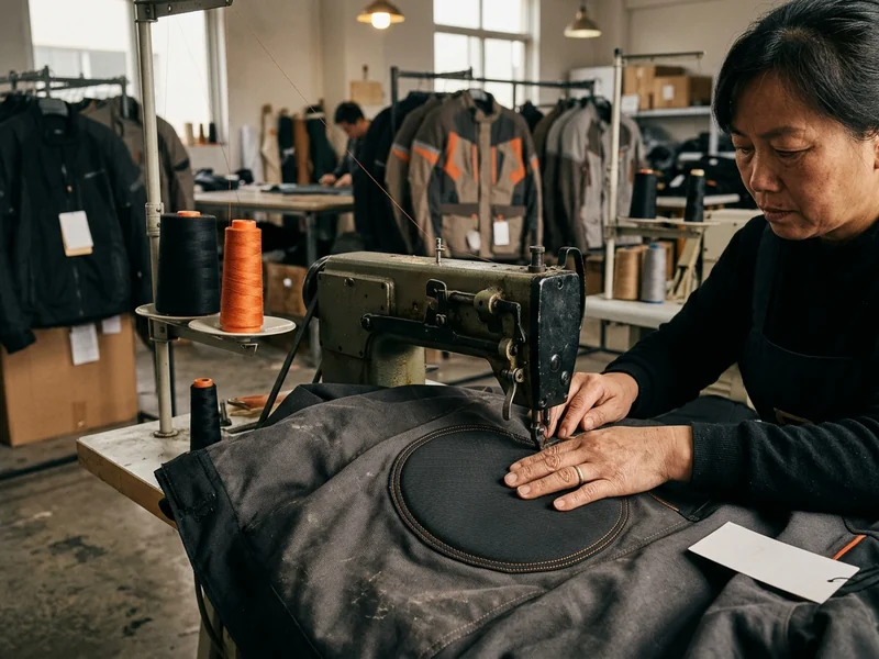 Armor pocket being sewn to standard size on a jacket shell