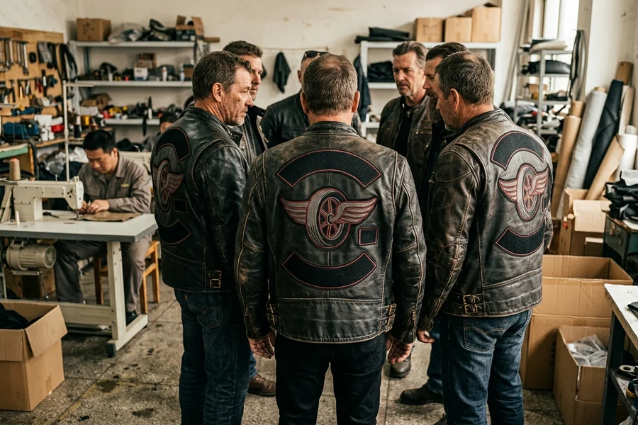Motorcycle club members in matching jackets with the chapter back panel embroidered
