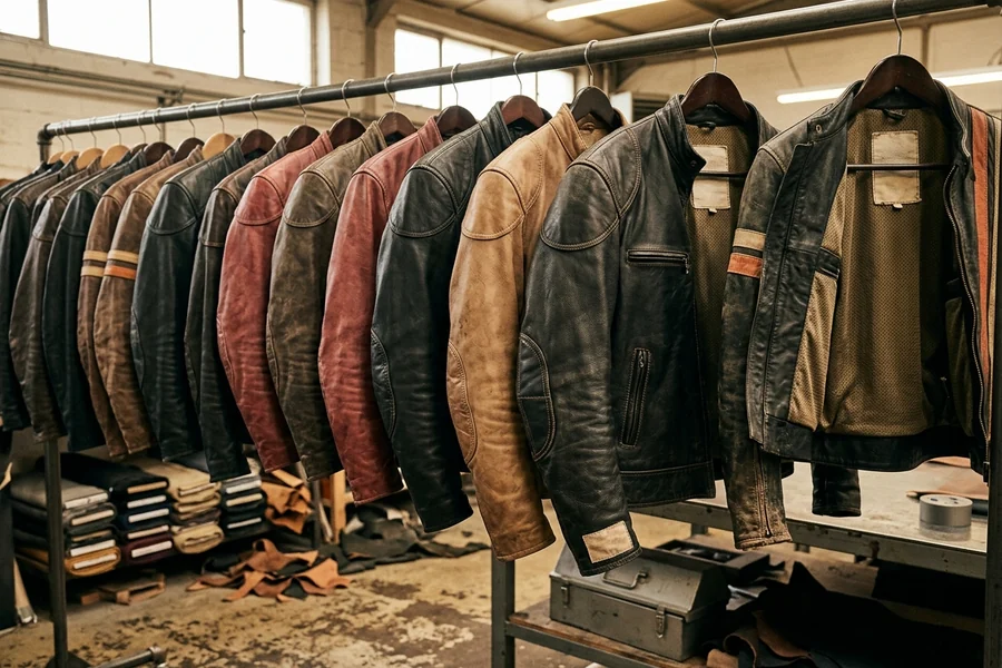 Dealer's own-label motorcycle jackets in a size run on the store rail