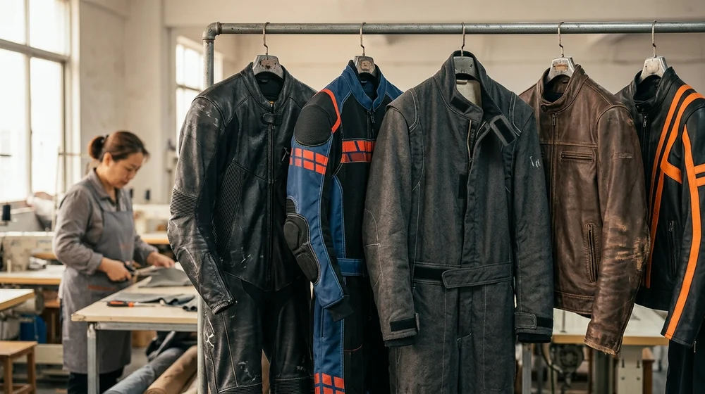 Leather race suit, kart suit, fire suit and leather jacket on the workshop rail