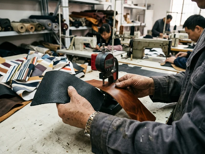 Two cowhide panels of different thickness held against the gauge