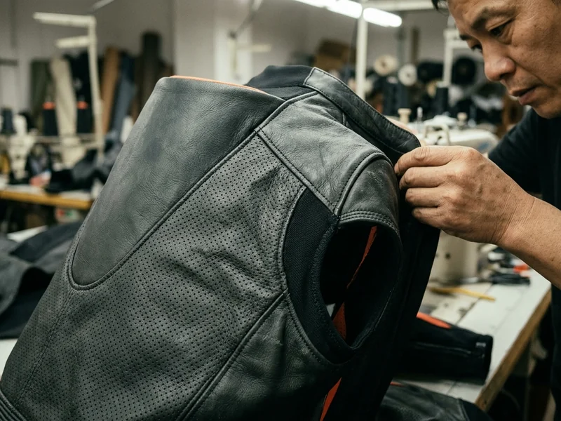 Perforated chest panel next to a solid shoulder panel on a leather race suit