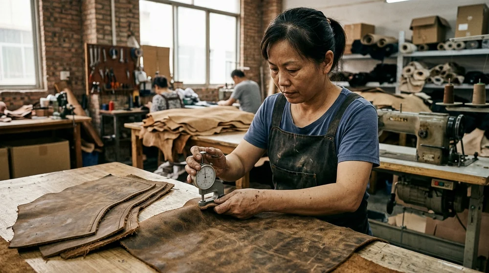 Thickness gauge reading a cowhide at the shoulder panel position