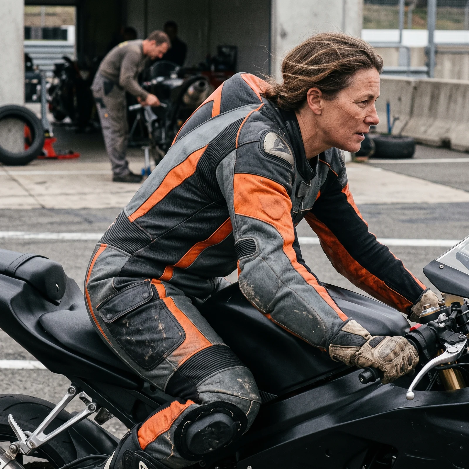 Rider in a custom race suit in the tuck, shoulder and knee armor pockets visible