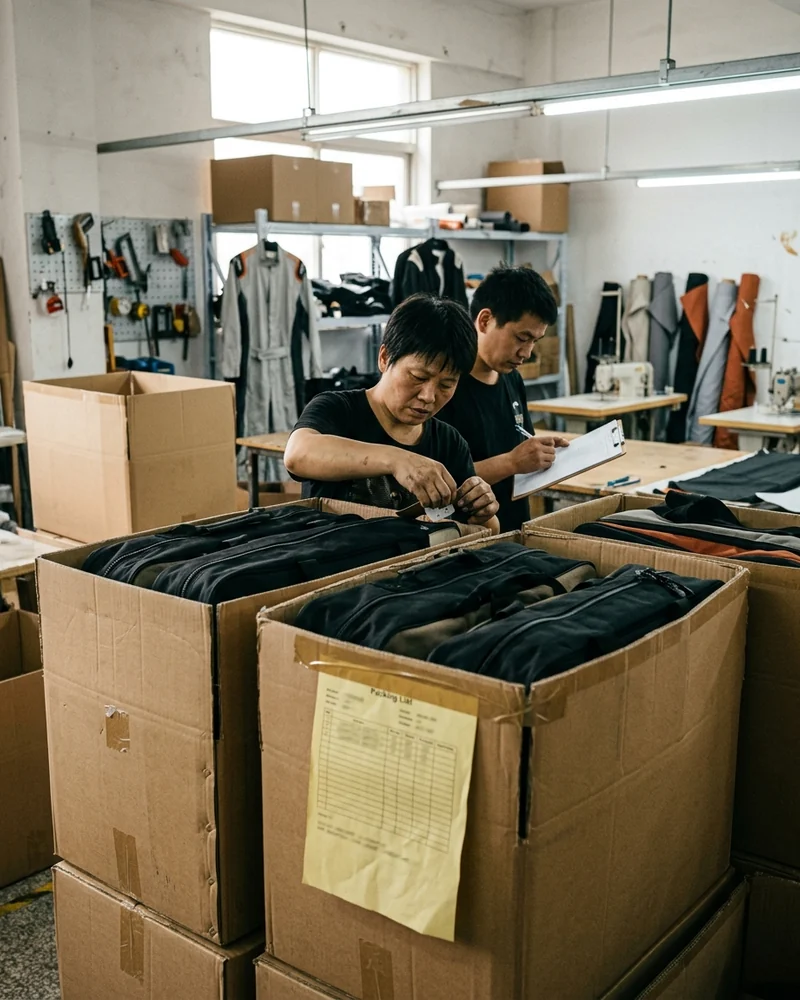 Cartons of race suits with the packing list before the photo set