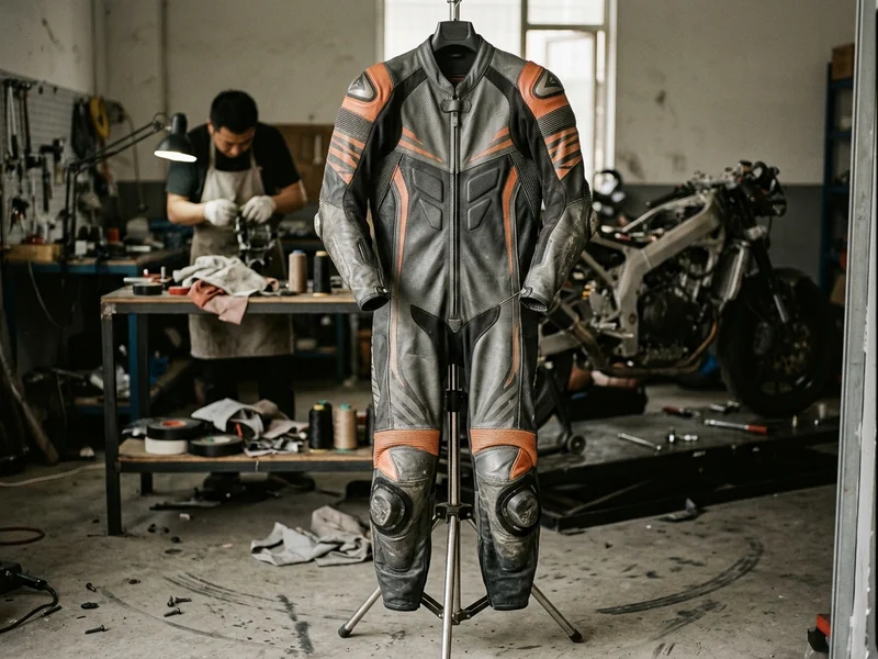 Full front view of a one-piece leather motorcycle race suit on a stand