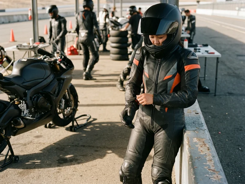 Perforated leather race suit worn by a rider on a sunny track day