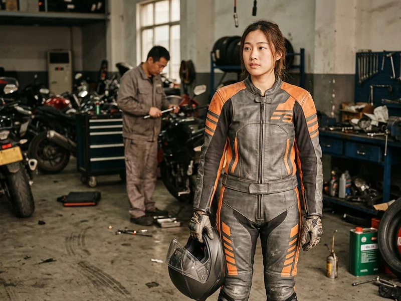 Two-piece leather motorcycle race suit, jacket and trousers zipped together, front view