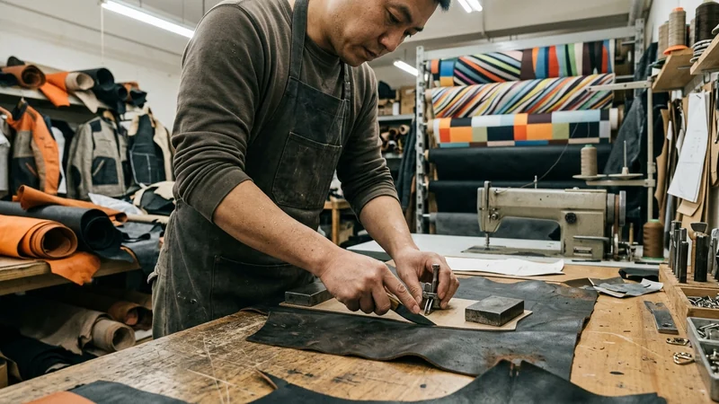 Leather workshop with hides being gauged and cut