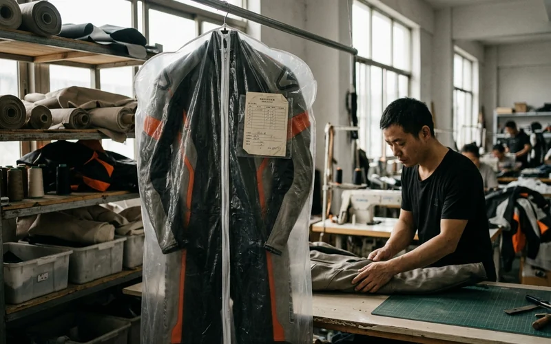 Race suit in its bag with the hide record and signed sheet