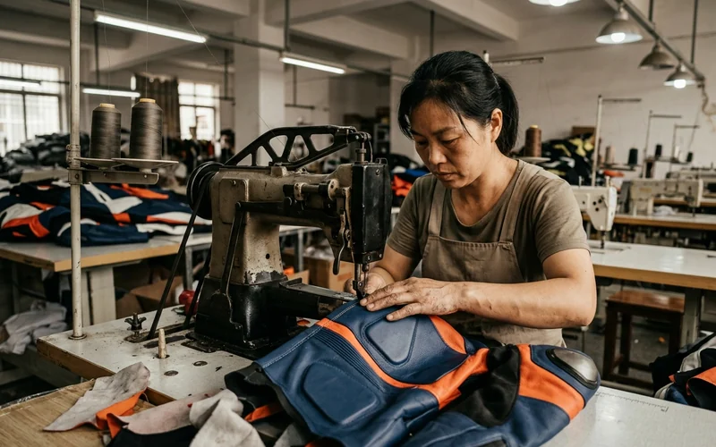 Leather panels and armor pockets joined on the heavy-duty machine