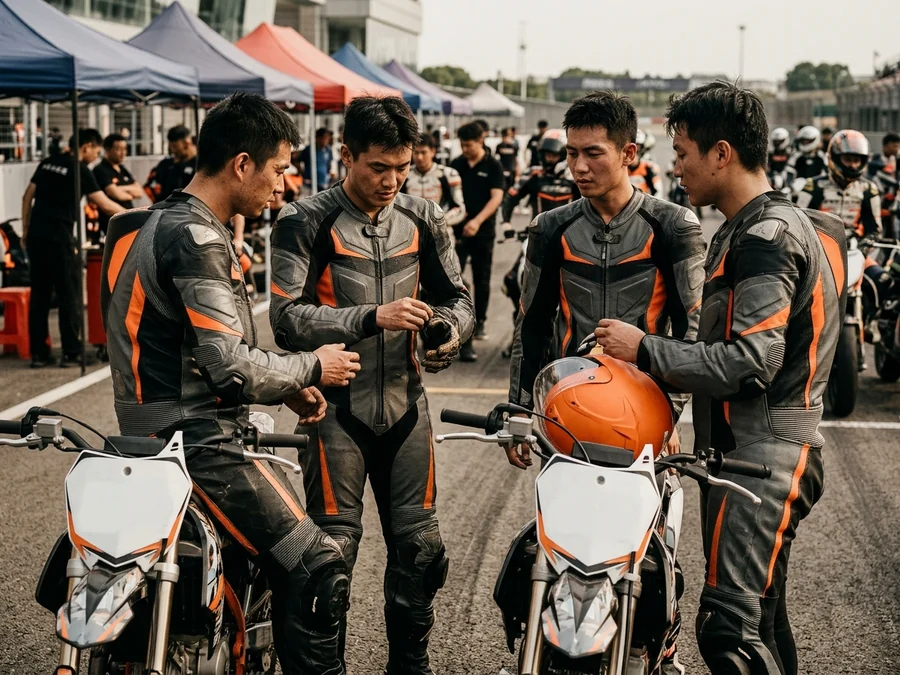 Road-racing team riders in matching custom race suits on the grid