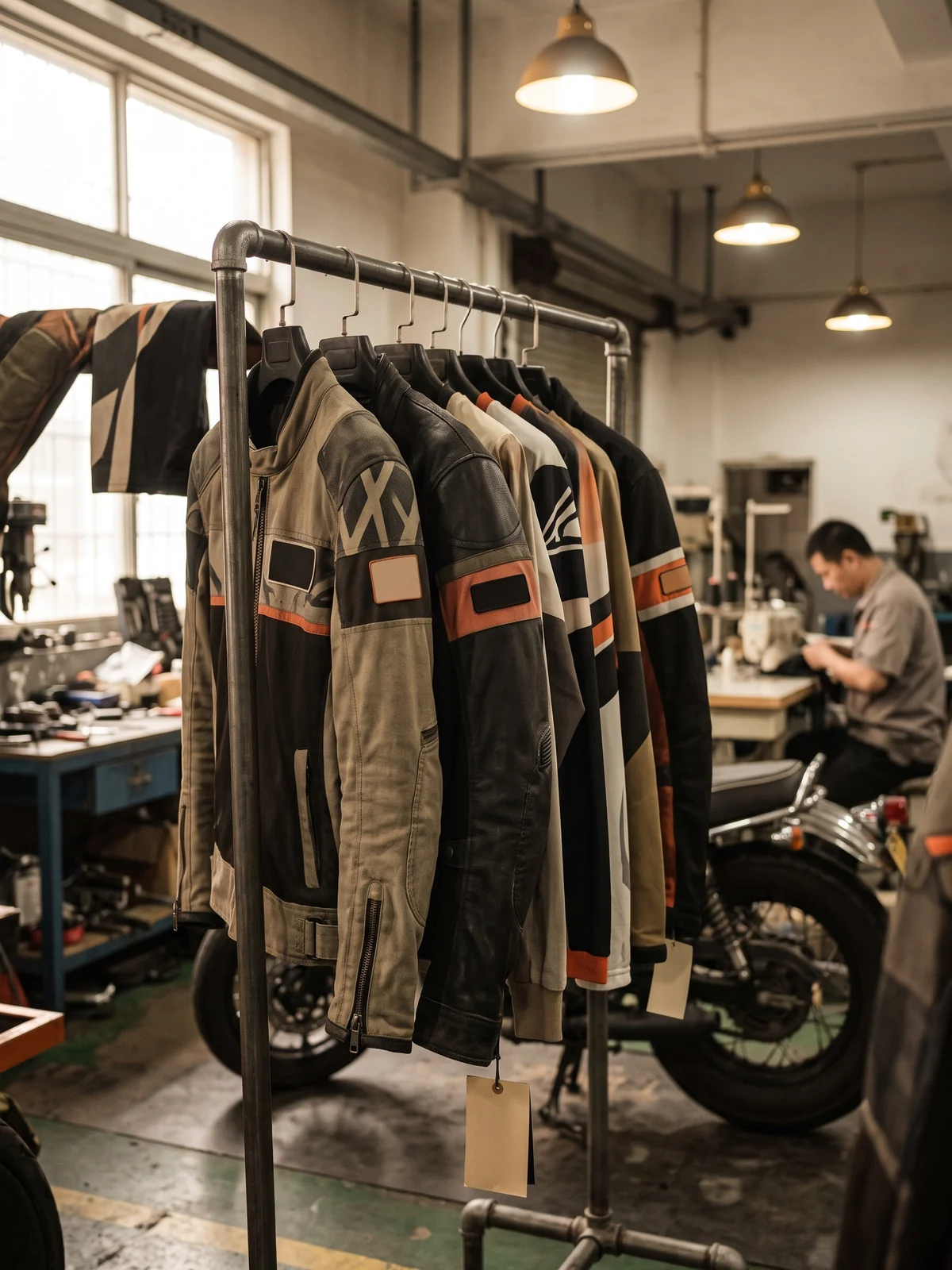 Branded riding gear hanging on a dealership rail with the shop name on the chest