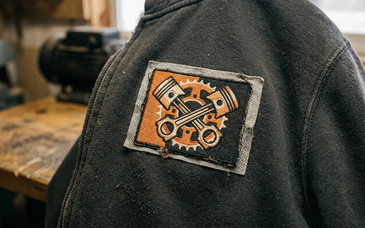 Front of an embroidered badge sitting flat on a hoodie