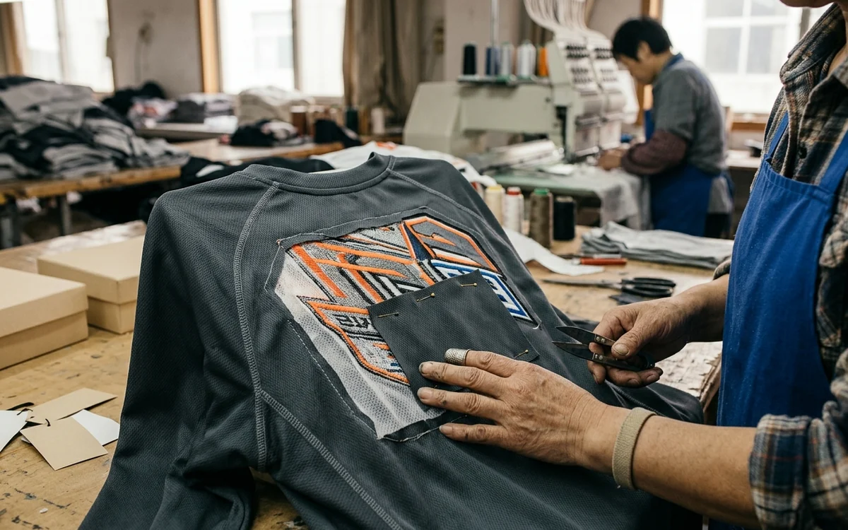 Inside of the same garment showing the cut-away backing and its cover patch