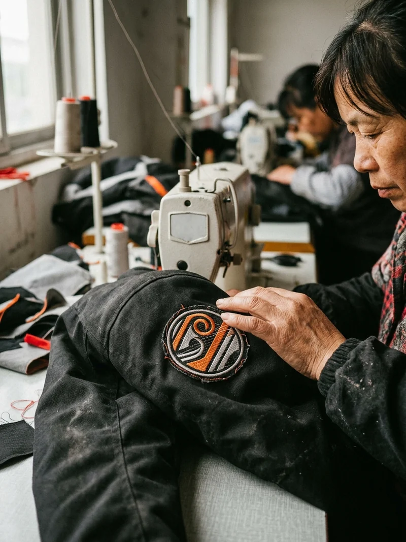 Badge stitched too openly, with the fabric showing through the fill