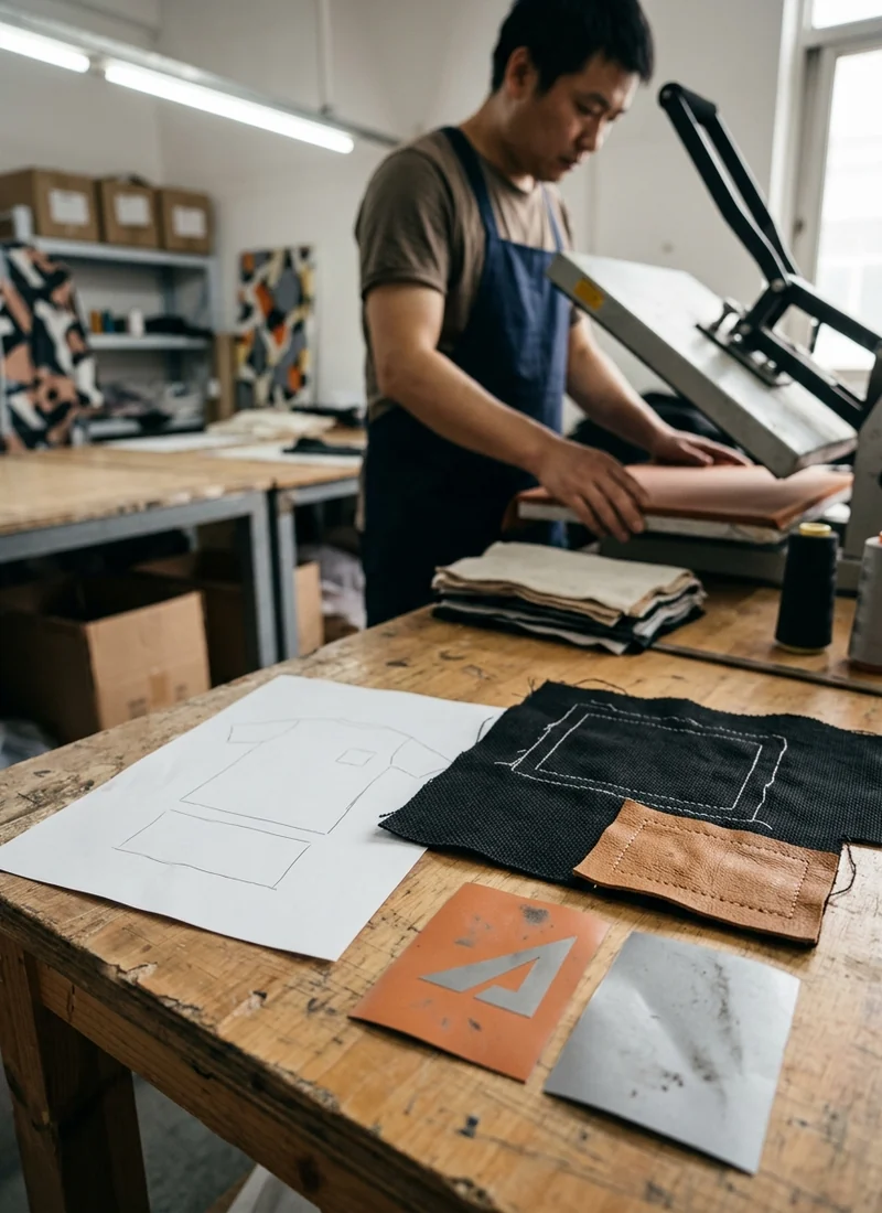 Artwork, garment samples and a position sheet laid out ready to send