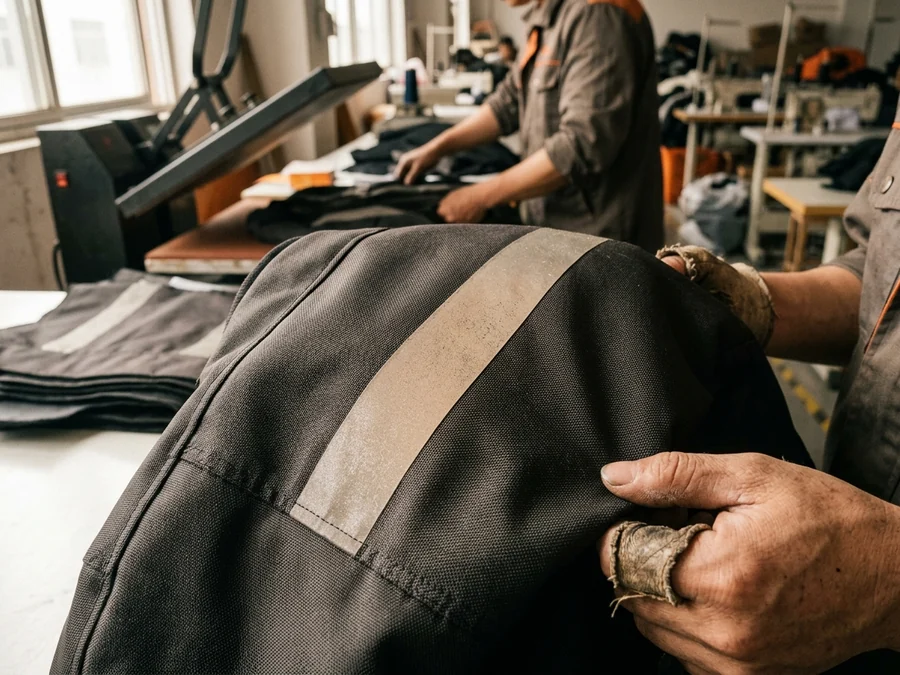 Reflective transfer stripe on a touring jacket lit from the side