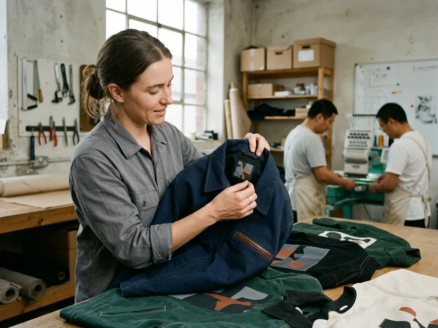 Brand product manager checking a woven label and logo across several styles