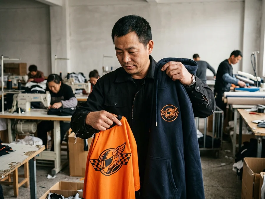 Club officer holding a hoodie and a jersey with the same badge made two ways
