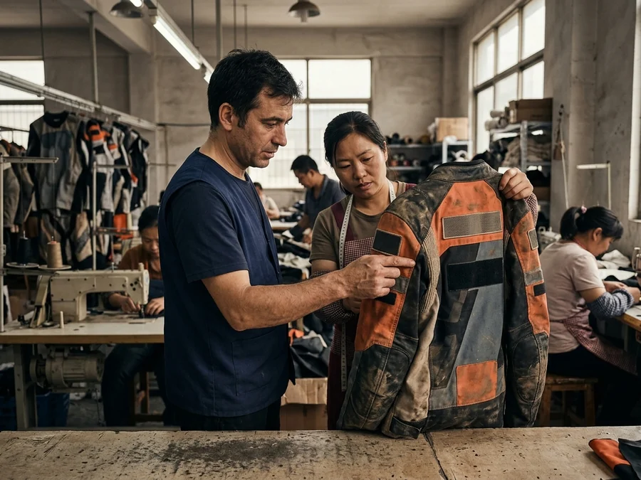 Team manager checking sponsor blocks and rider names on a race jacket