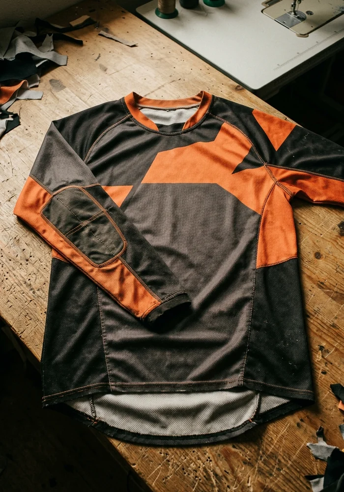 Enduro-cut jersey laid flat showing collar, forearm panel, body length and drop tail