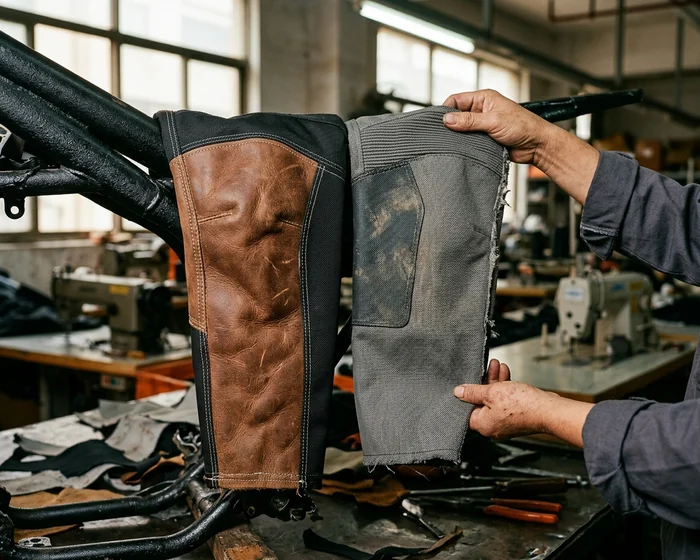 Leather inner-knee panel and synthetic inner-knee panel side by side against a bike frame
