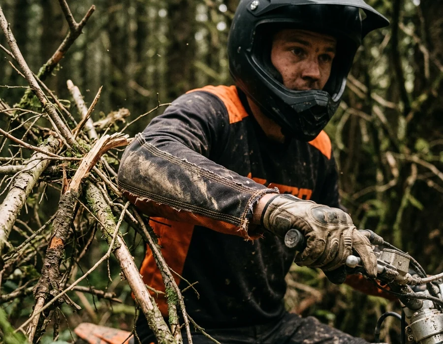 Reinforced forearm panel of an enduro jersey pushing through branches