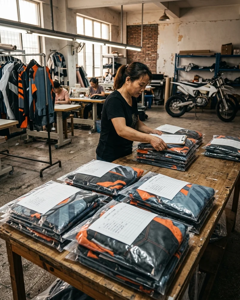 Jersey and pants bagged together per rider with the roster line printed on the bag