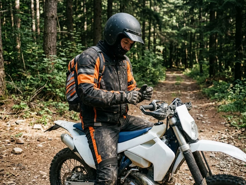 Enduro rider in a custom off-road jacket on a forest trail