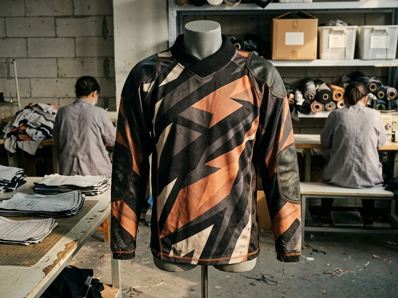 Front view of a sublimated enduro motorcycle jersey on a mannequin