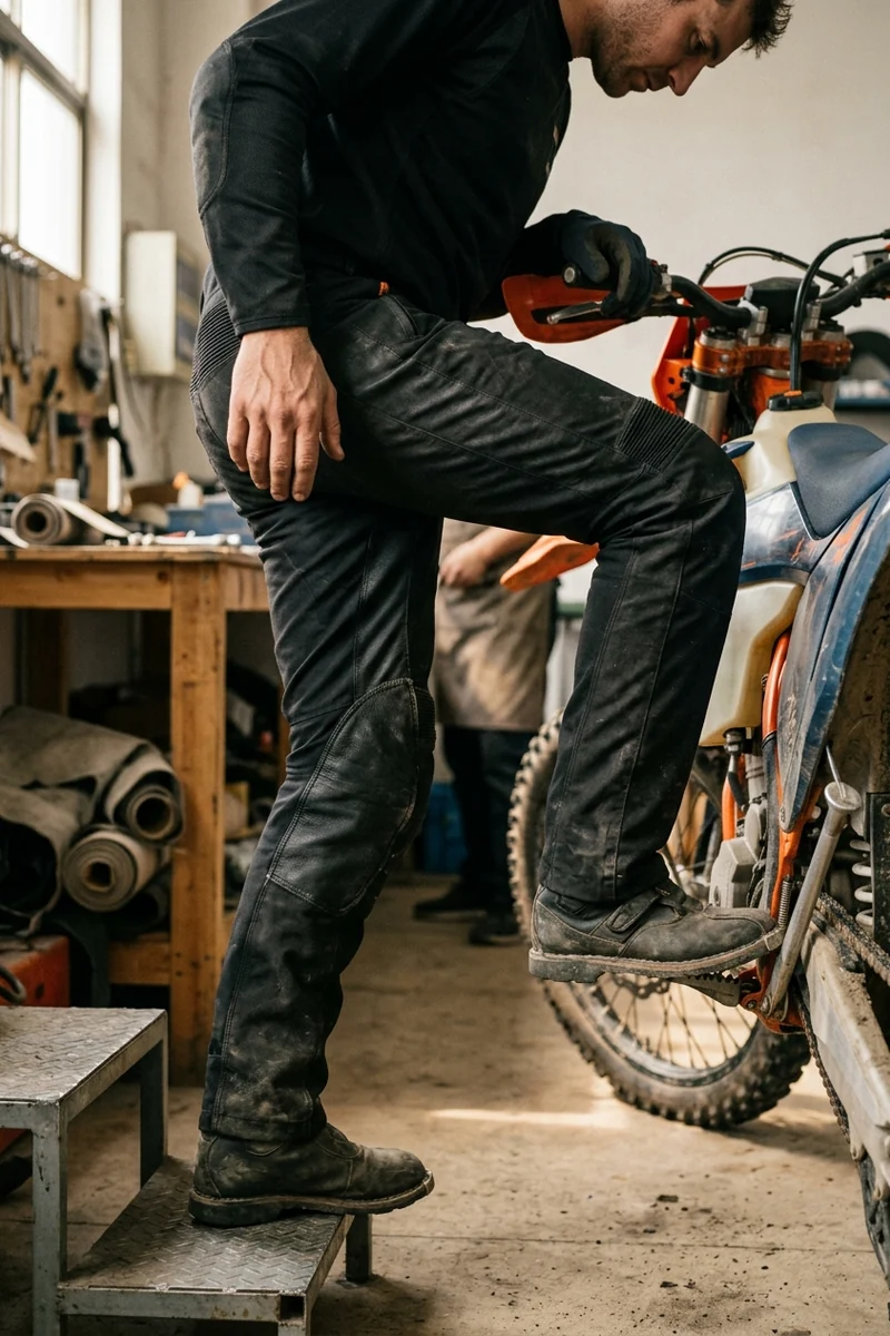 Rider with a foot down to the side on a step, crotch stretch panel opening