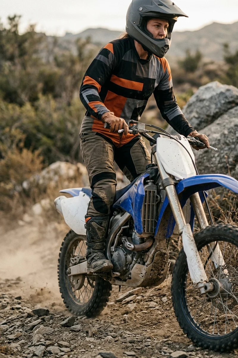 Rider standing on the pegs on a rocky climb, pants not bunching behind the knee