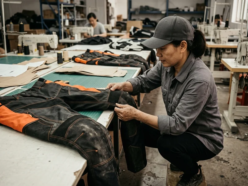 Mid-line inspector doing the stand-and-squat check on enduro pants