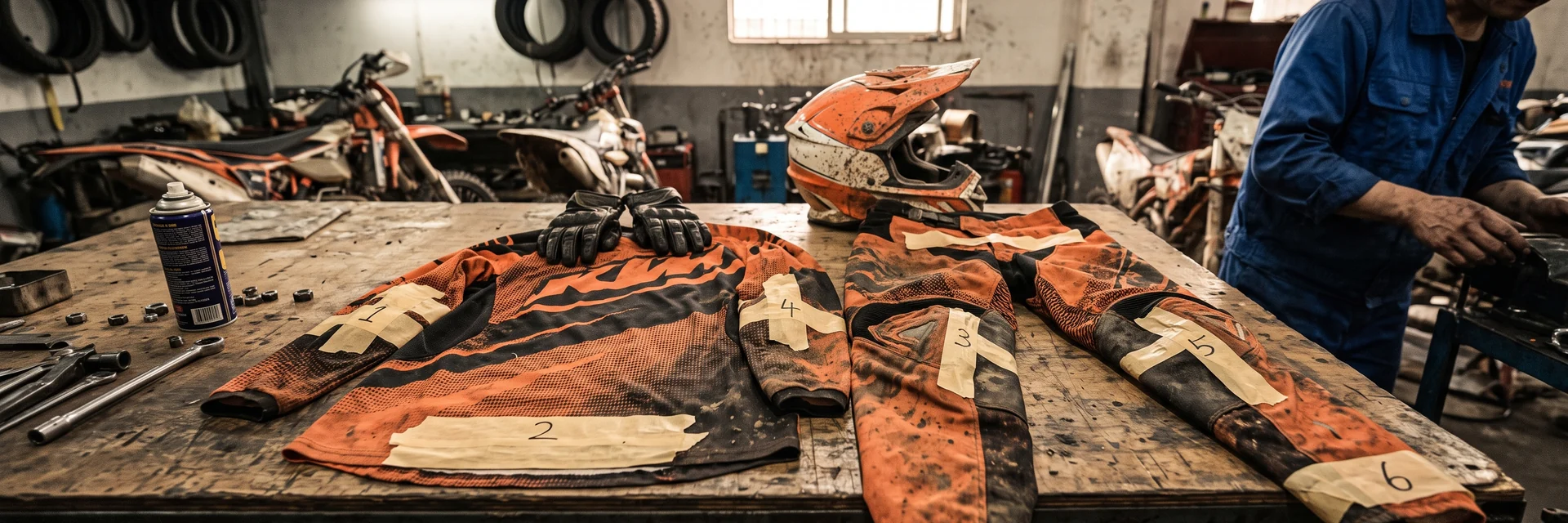 Enduro jersey and pants laid flat after a day's riding with the six wear zones marked in tape