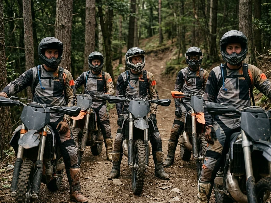 Hard-enduro team in a matching season kit at the start of a forest stage