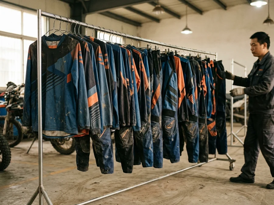 Riding school fleet of jerseys and pants in the school's colors on a rail