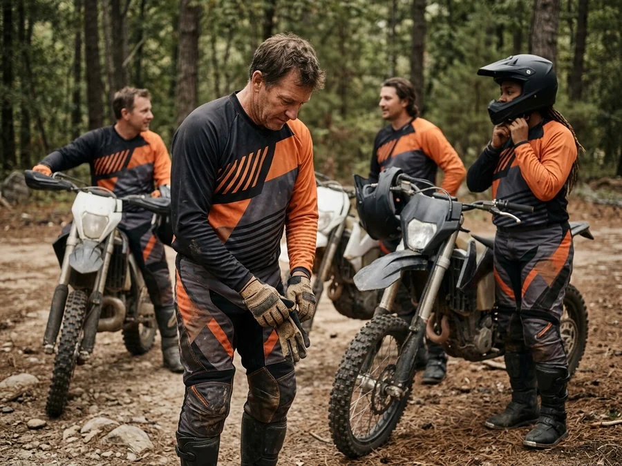 Trail club members in the same jersey and pants at a trailhead