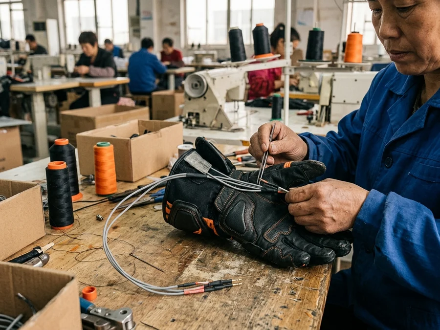 The electrical set being fitted into the glove during assembly