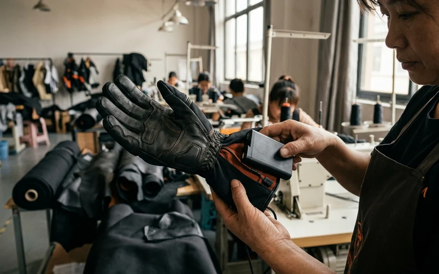 A removable battery pack sitting in the cuff pocket of a heated glove