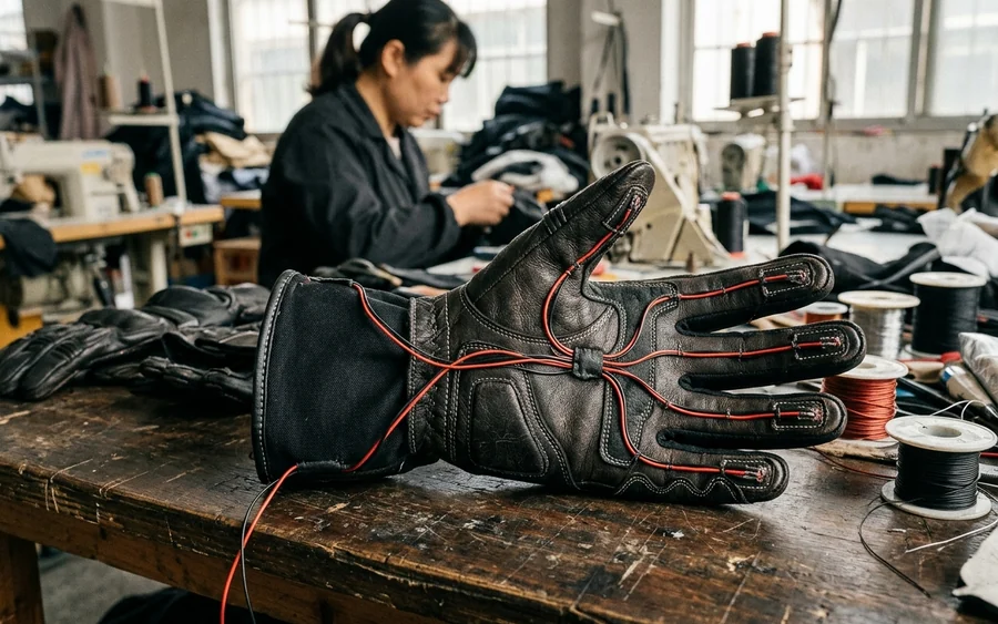 The back of a heated glove showing where the elements run to the fingertips