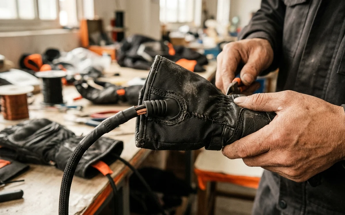 The lead exit at the cuff of a bike-powered heated glove, with its strain relief