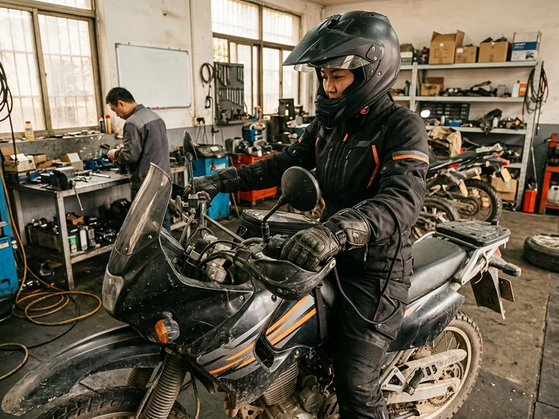 12V motorcycle-powered heated glove with its power lead running to the bike